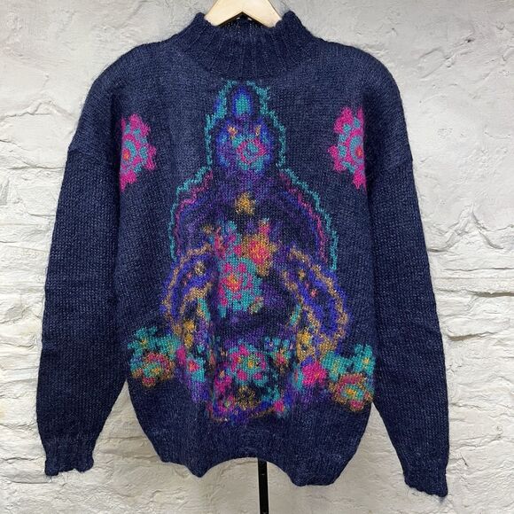 Michelle Stuart Knit Fuzzy Mohair Wool Mock Neck Sweater Abstract Vintage 90s - Picture 1 of 7